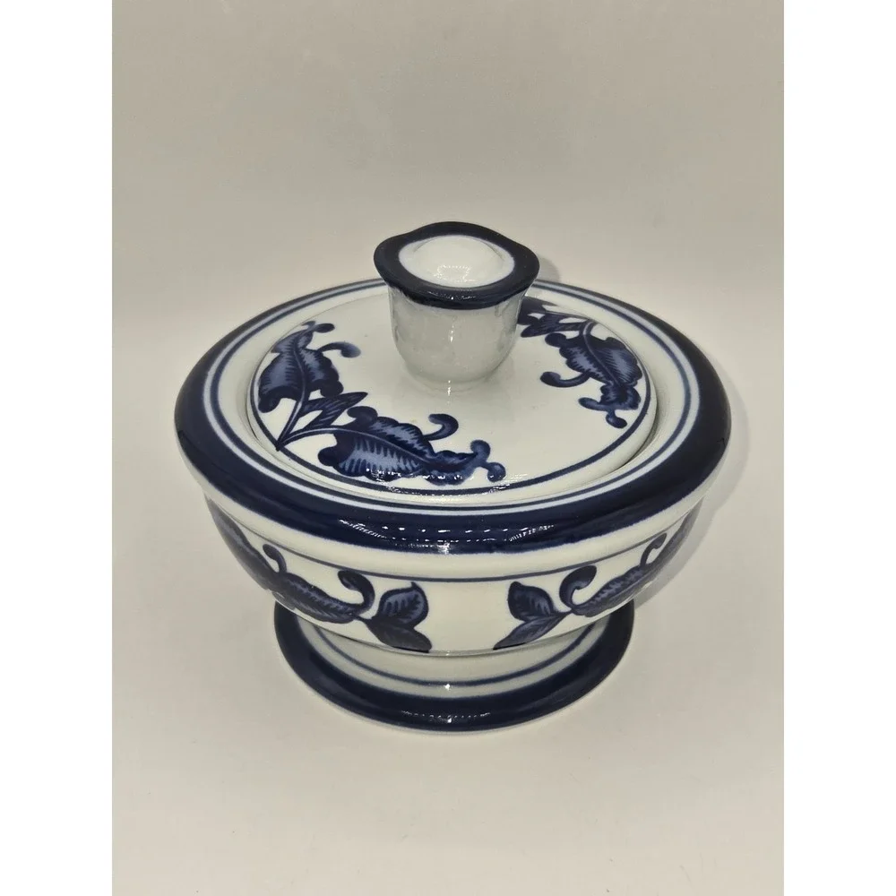 Bombay Company Vintage White & Blue Covered Sugar‎ Bowl